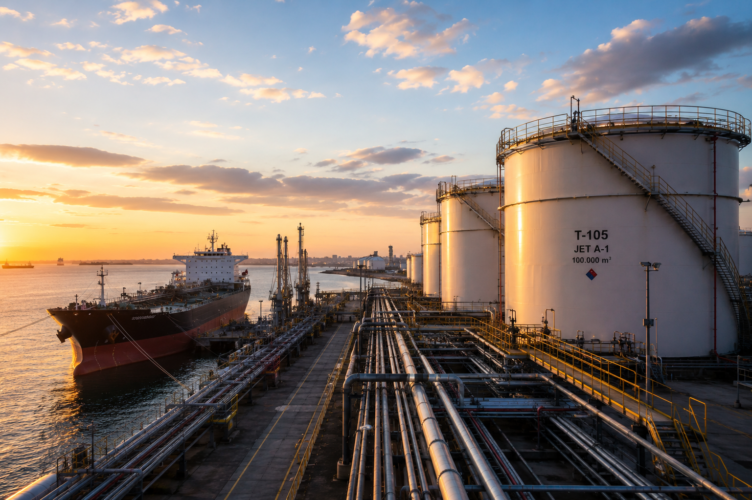 Industrial fuel terminal near water for maritime logistics