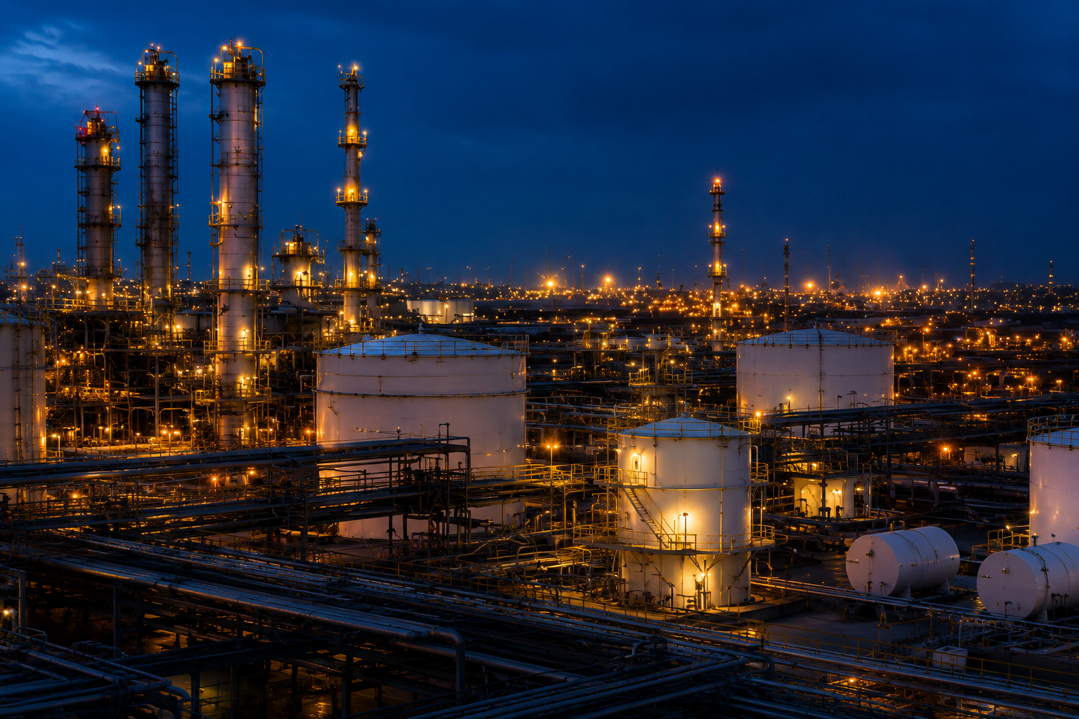 Oil refinery complex illuminated at night